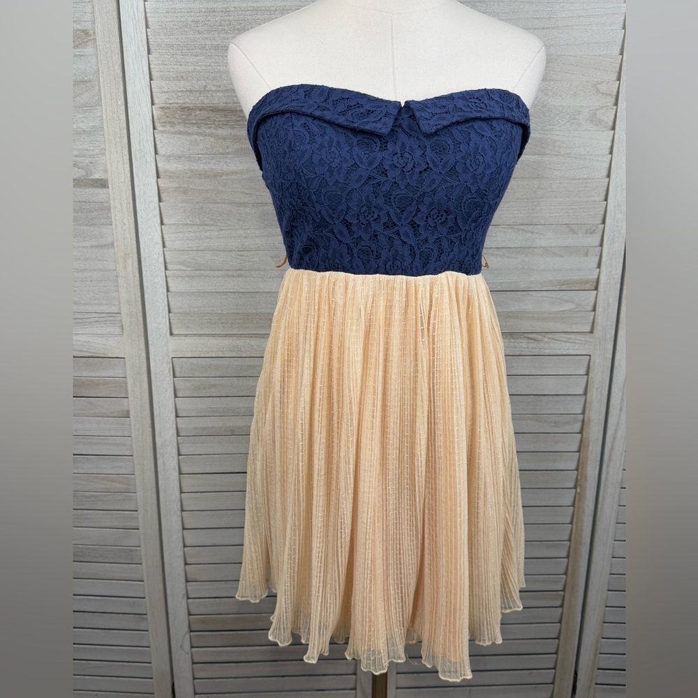 DEB Strapless Lace & Mesh Mini Sundress Navy/Oatmeal-9 - Picture 1 of 4